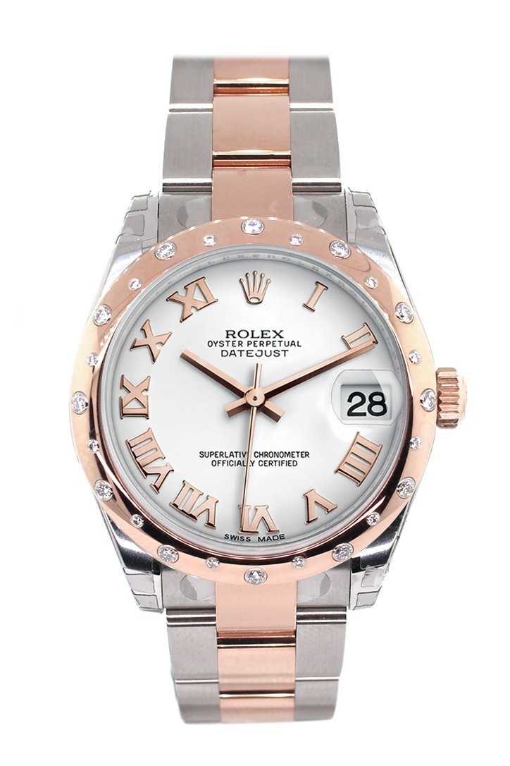 Datejust 31 White Roman Dial Diamond Bezel 18K Rose Gold Two Tone Ladies Watch 278341.