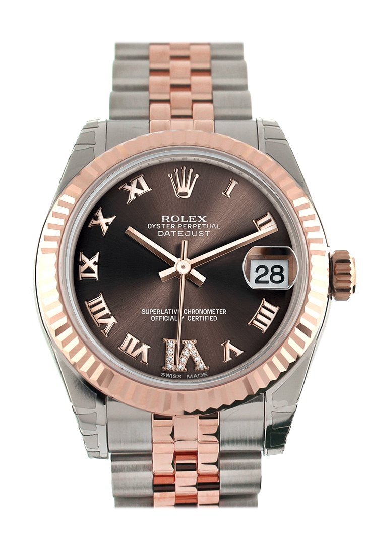 Datejust 31 Chocolate Roman Large VI set with Diamond Dial Fluted Bezel 18K Rose Gold Two Tone Jubilee Ladies Watch 178271.